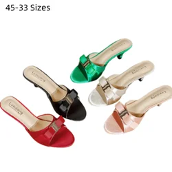 Lady Barefoot Casual Slides Metal Bow-Knot Silk Satin Thin High Heel Slides Front Open Toe Shoes 6cm Green Red Black Beige 45 9