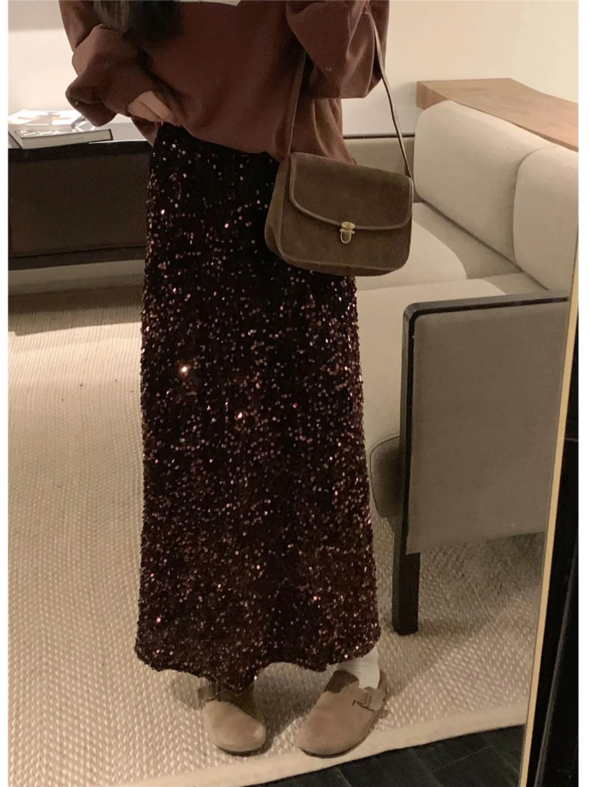 

iny Sequin f-length Skirt Women's Spring Autumn High-waist Slim A-line Velvet Straight-cut Long Bla Skirt