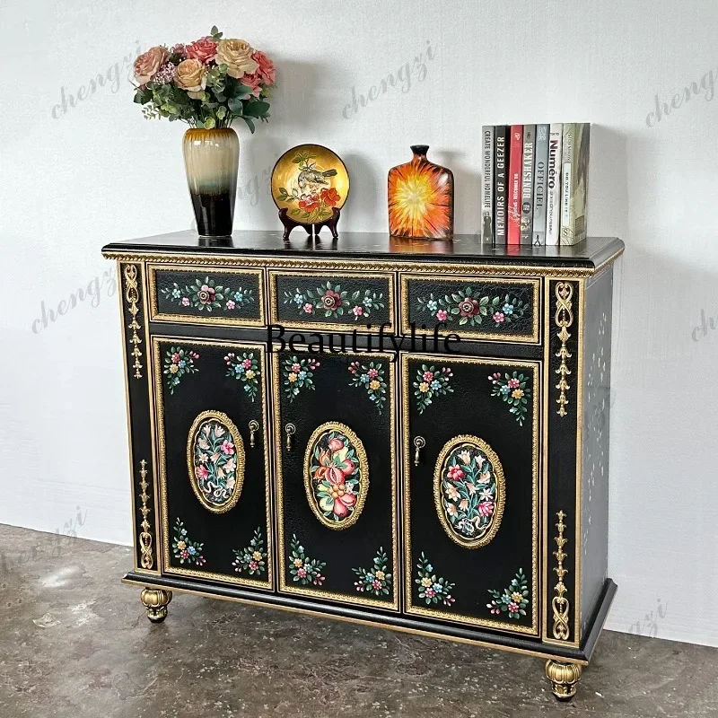 MM85 French hand-painted porch cabinet living room multi-functional locker retro green dining side cabinet