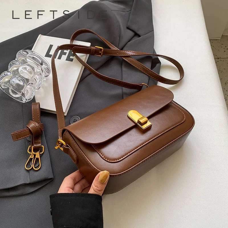 LEFTSIDE Fashion Small Flap Pu Leather Crossbody Bag for Women 2023 New Trend Designer Simple Solid Color Handbags and Purses