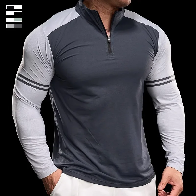 Men's Running Gym Fitness Tops Slim Fit Color-blocked Long-sleeved T-shirt Training Cycling Breathable Quid Quick-drying Clothes