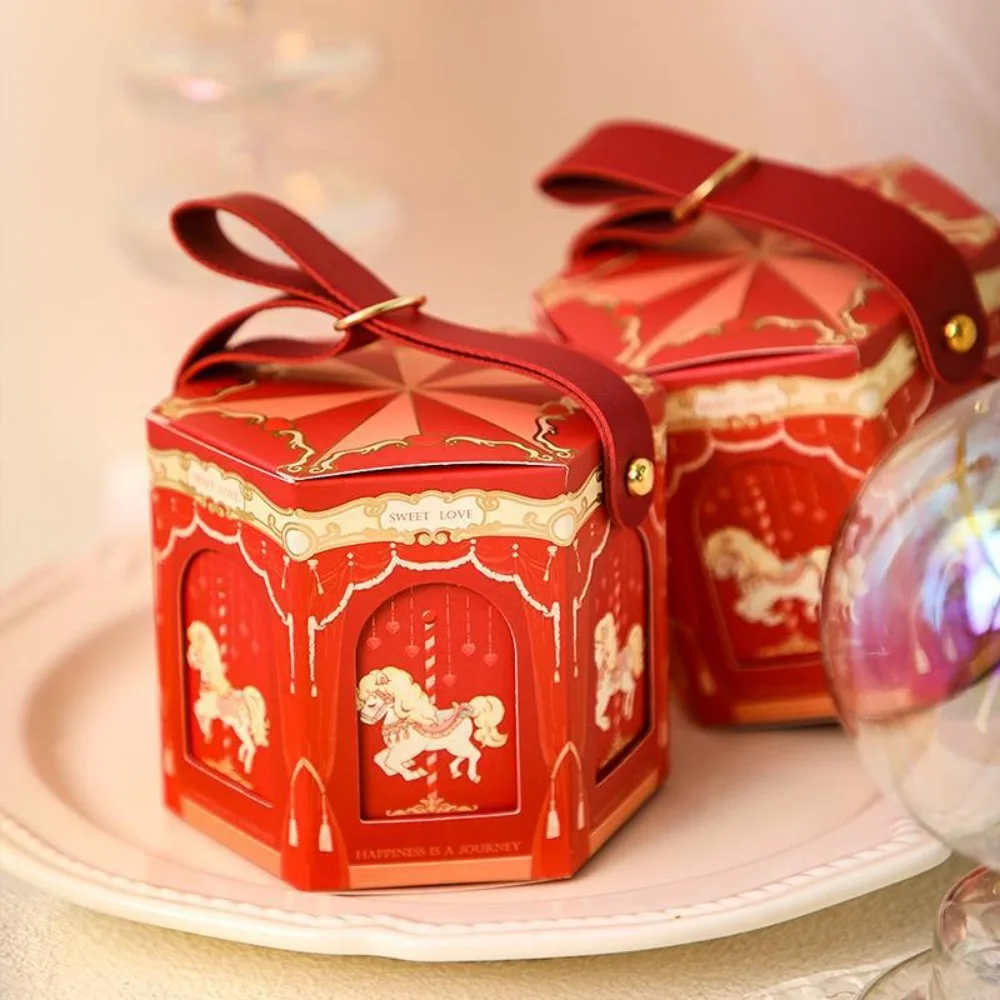 Elegant Wedding Carousel Gift Box Paper Leather Handle Wedding Candy Box Birthday Candy Tote Bag