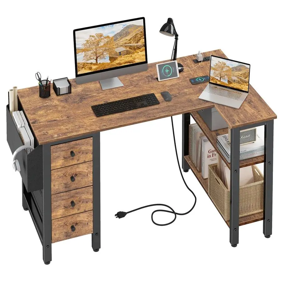 

L Shaped Desk with Drawers amp Storage Shelves, 47 Inch Small Reversible Corner Desk with Power Outlet for Home Office Bedroom,