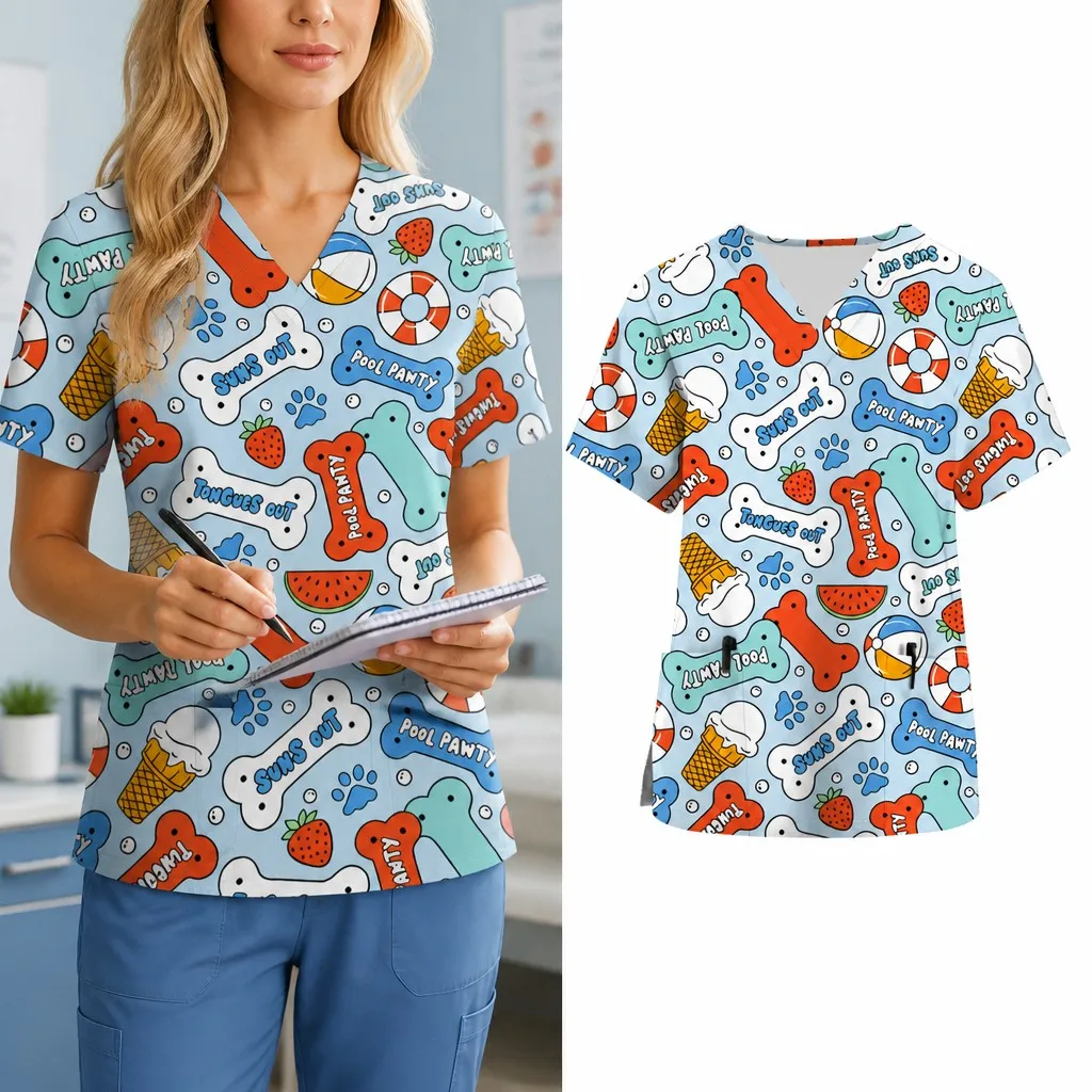 New Women's Nursing Uniform Commuter Wear Printed V-neck Short-sleeved Pocket Frosted Top for Dental and Pet Shops