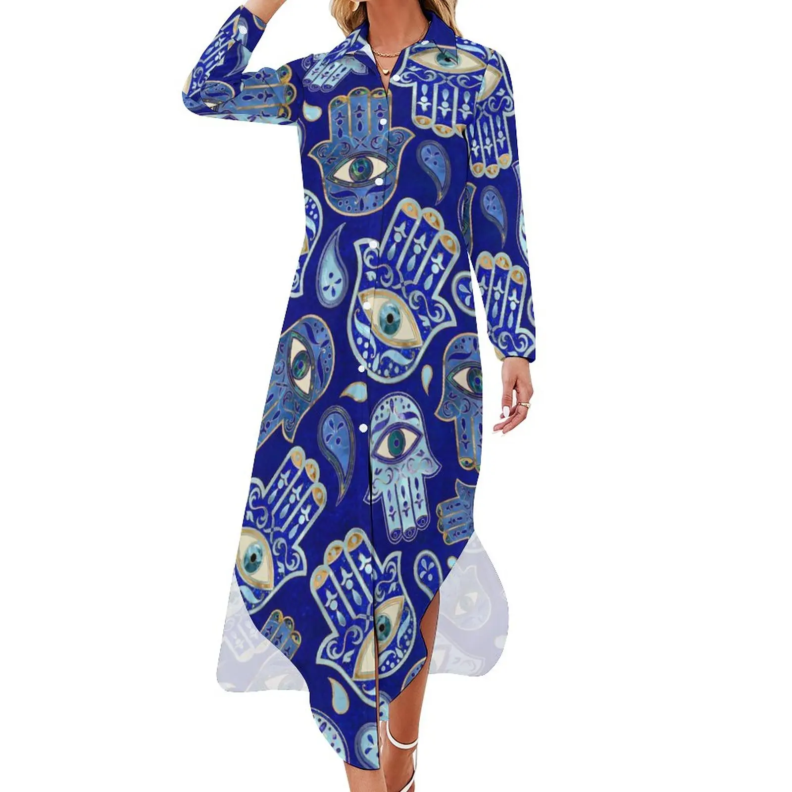 Hamsa Hand Casual Dress Blue Hand of Fatima Street Style Dresses Long Sleeve Kawaii Womens V Neck Design Big Size Chiffon Dress