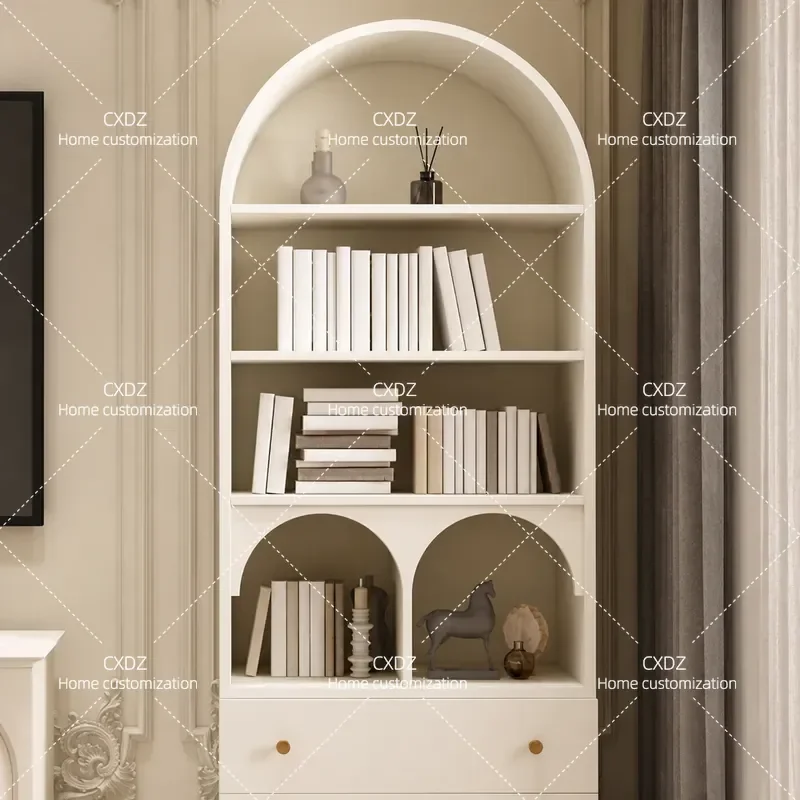Solid Wood Bookcase Floor Standing Bookshelf White Arched Locker Cabinet Simple Storage Shelf for Living Room Bedroom Home