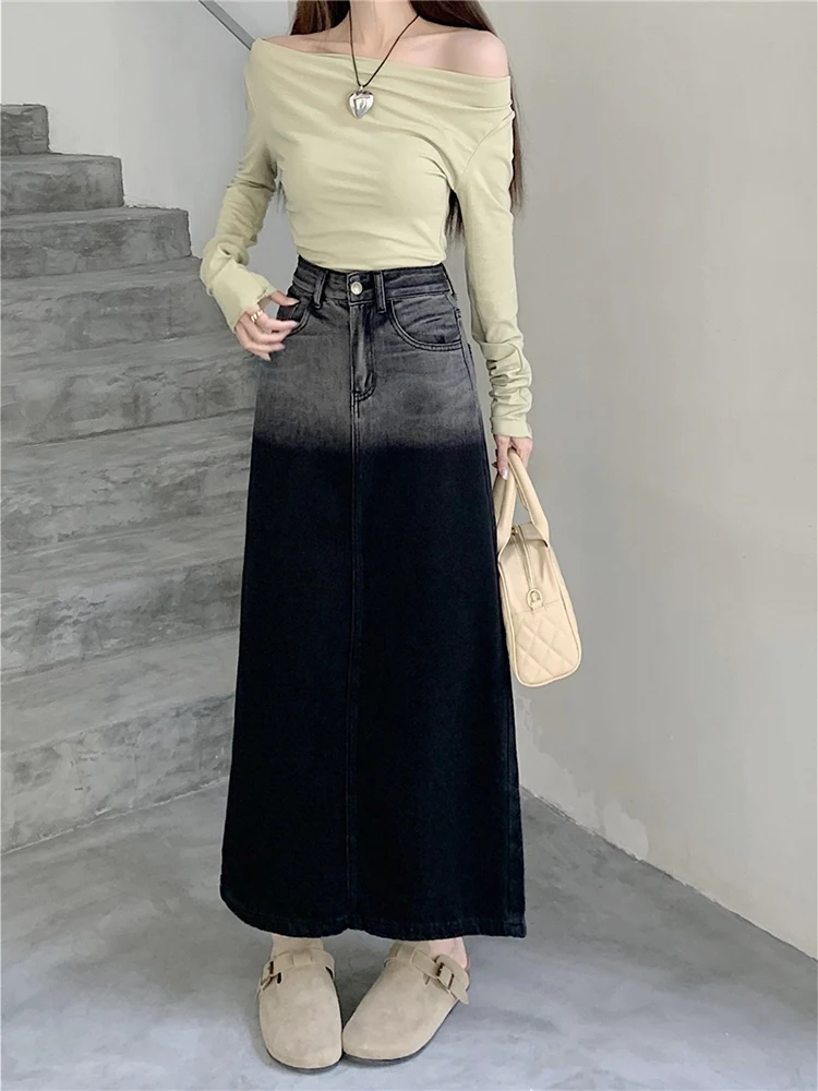 

Gradient Print Long Skirts Women Split Modis High Waist Korean Style Loose Pleated Ladies Skirts A-Line Woman Skirts