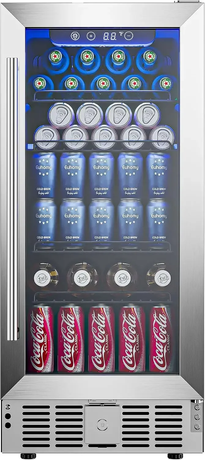 15 "ตู้เย็นเครื่องดื่มคูลเลอร์ใต้เคาน์เตอร์ 125 กระป๋องตู้เย็นเครื่องดื่มในตัวพร้อมประตูกระจก, ไฟ LED, ตู้เย็นเบียร์