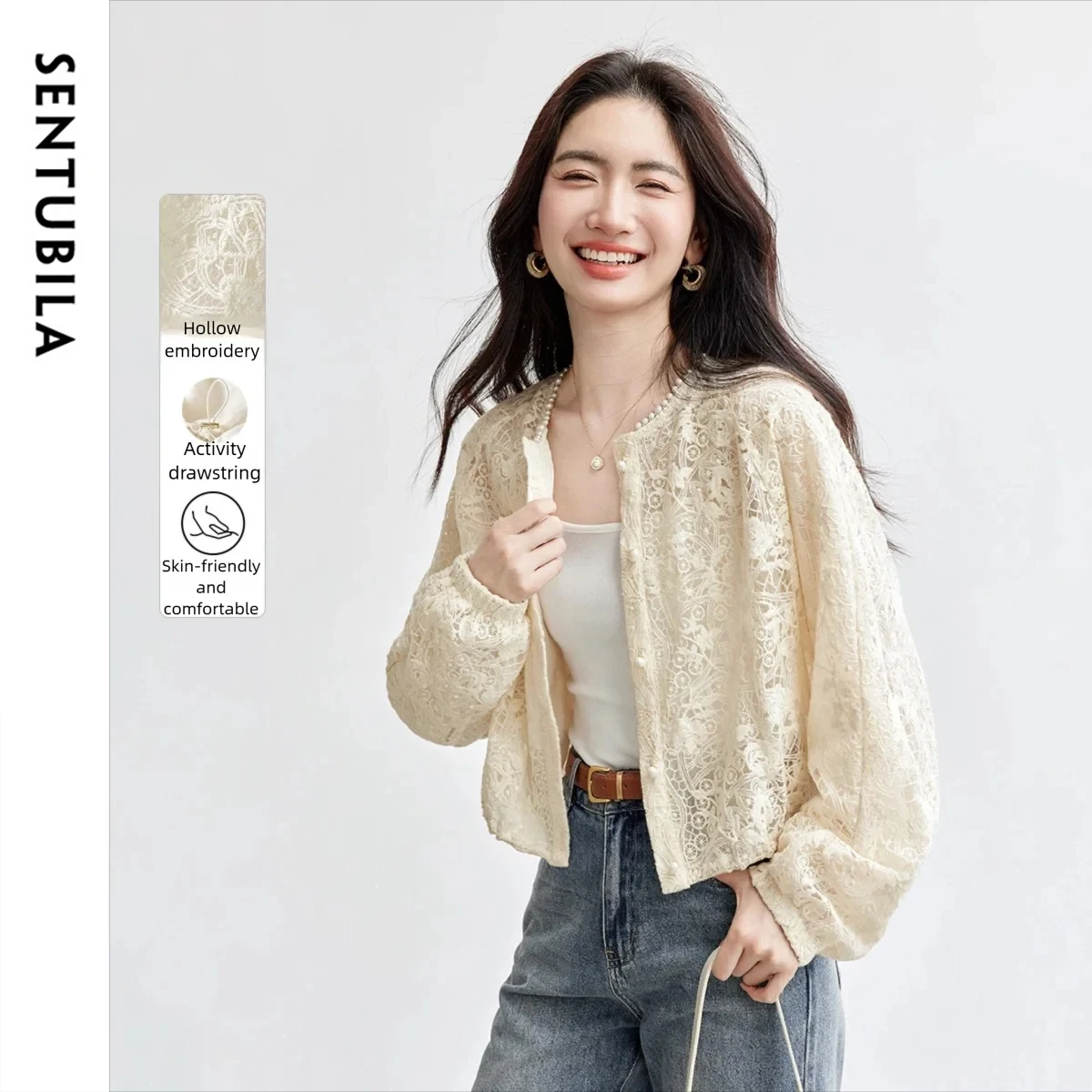 

SENTUBILA женское пальто с вышивкой бисером, осень 2024, новая элегантная пригородная свободная короткая куртка с длинными рукавами T53WB1813