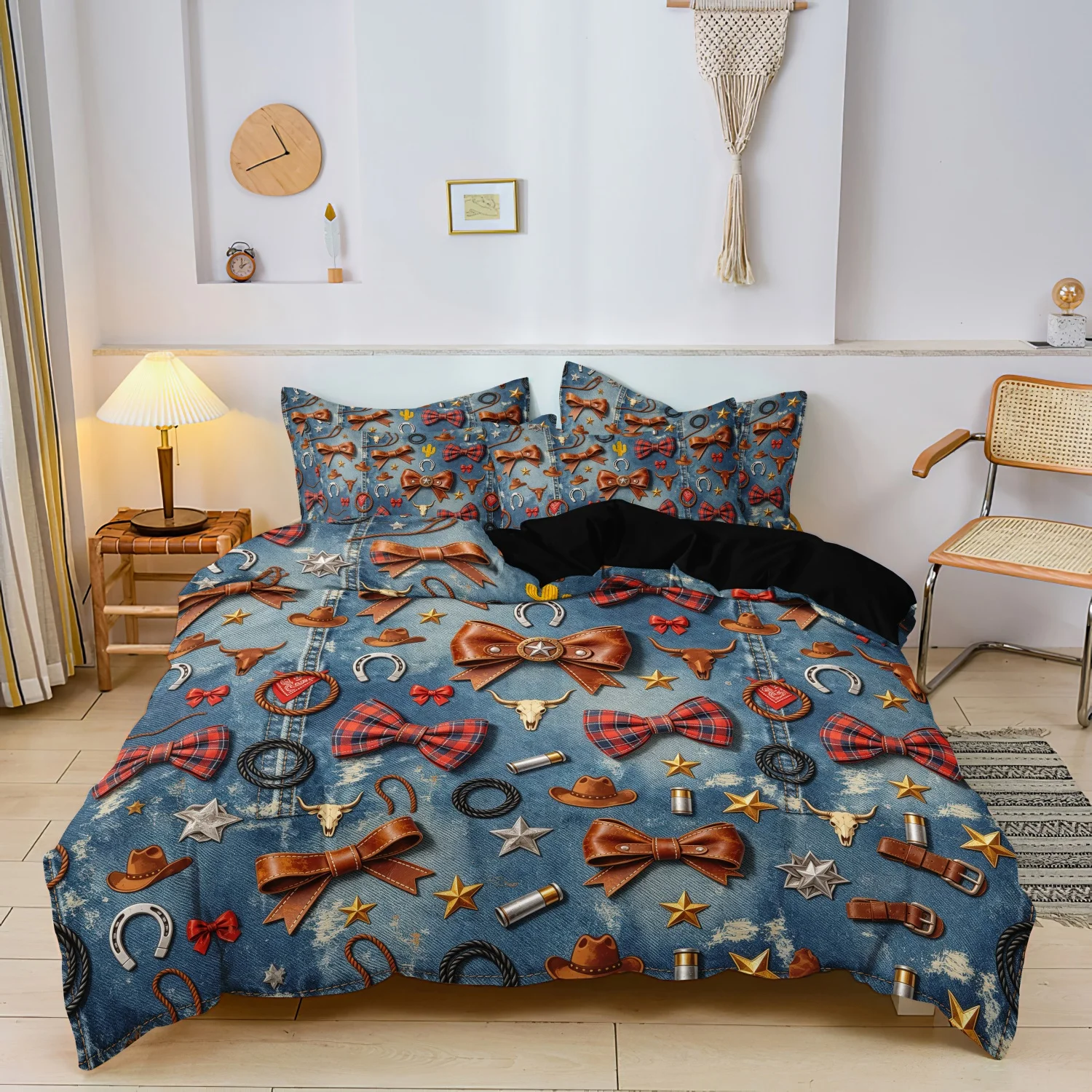 3pcs Cowgirl Coquette Western Duvet Cover Set, Blue Denim Texture Plaid Bow Horseshoe Cactus Design Bedding
