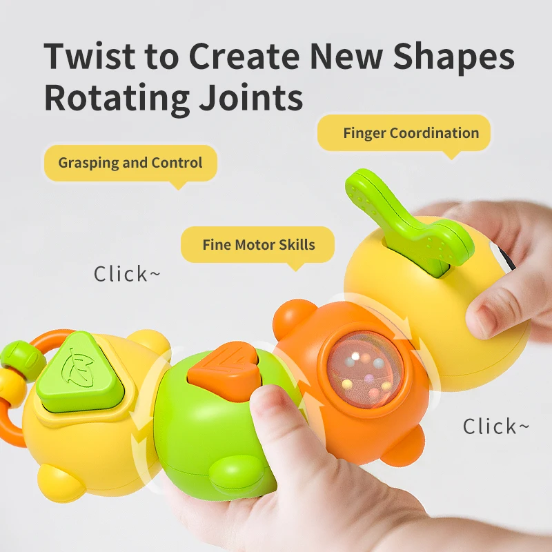 Montessori Twisty Caterpillar Sensory Toy, Click Twist Joint with BB Squeaker Beads, Infant Fine Motor Early Learning Grasp Gift view 4