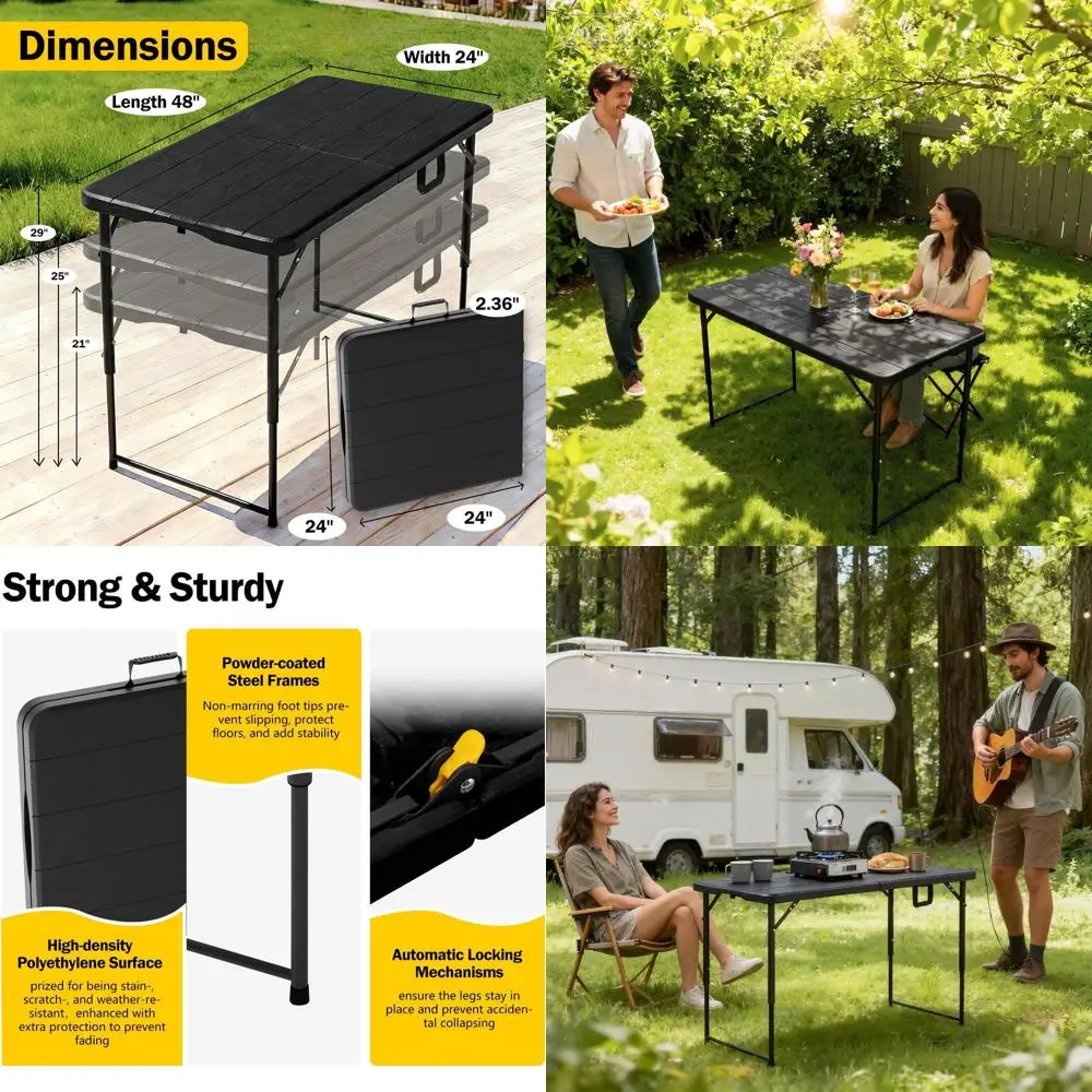 

Adjustable Height Folding Table with Carry Handle - Steel Legs, Heavy Duty, Portable for Parties, Dining, Weddings, Outdoors, Ca