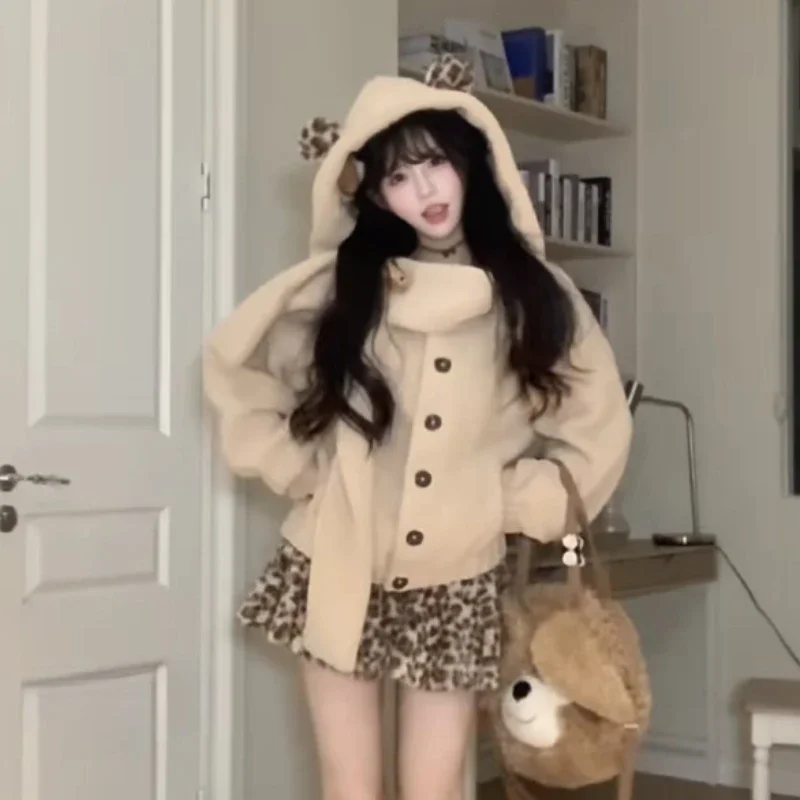 IMU Autumn Winter Korean Fashion Sweet 2 Piece Set Women Kawaii Hooded Plush Coat Sexy Leopard Print Mini Skirt Suit Y2k Warm Ou
