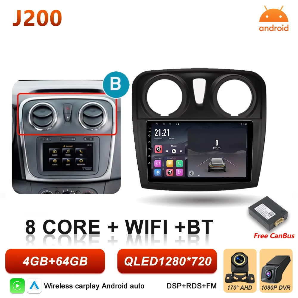 Android 16 Auto Autoradio voor Renault Logan Sandero 2 2012 - 2019 Draadloze Carplay Multimedia Speler GPS Navigatie DSP 5G Wifi