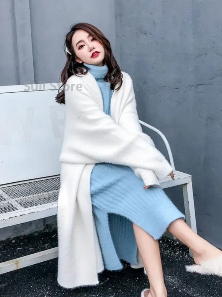 Imitation Mink Long Cardigan Women Casual Loose Soft Sweater Gilet Elegant Fall Winter Fluffy Knitwear Jackets Warm Knit