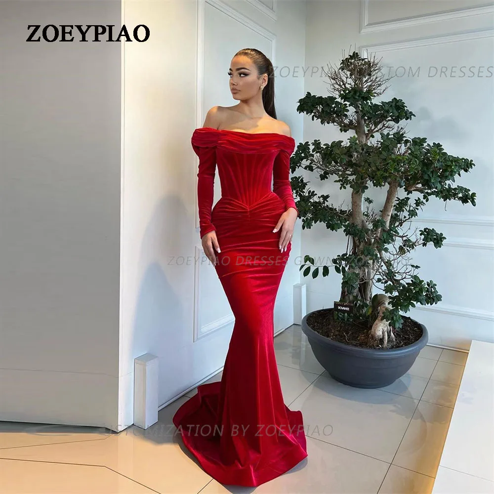 

Red Long Velour Custom Prom Dress Mermaid Evening Dresses for Women Wedding Party Gown Full Sleeves Gowns Prom Dress 2024