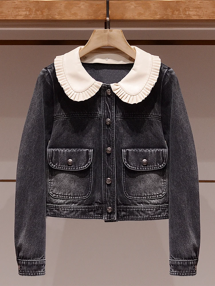 เสื้อแจ็คเก็ตยีนส์คอปกตุ๊กตา ดีไซน์เก๋ กระดุมเดี่ยว สไตล์สปริงใหม่ เสื้อคลุมผู้หญิงทรงตรง แขนยาว เหมาะสำหรับใส่ไปทำงาน