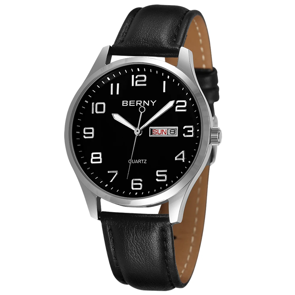 BERNY Quartz Watch for Men Miyota 2105 Business Male Wristwatch Day Date Calendar Genuine Leather Classic Men Watches Waterproof