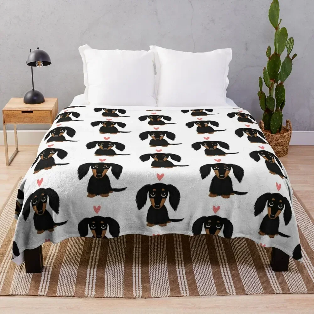 Black and Tan Longhaired Dachshund Cartoon Dog with Heart Throw Blanket Thermal valentine gift ideas Blankets