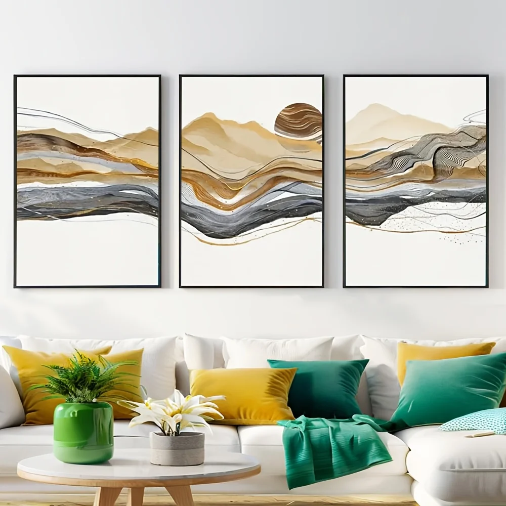3pcs Modern Abstract Golden Black Pastel Mountain Range Landscape Wall Art - Neutral Tone Minimalist Topographic Line Drawing