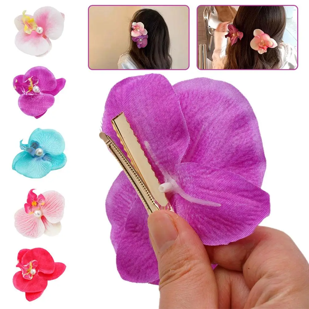 Korean Sweet Phalaenopsis Flower Hairpin 2024 New Fashion Bohemia Style Design Cloth Floral Pearl Hair Clip Barrettes Headwear