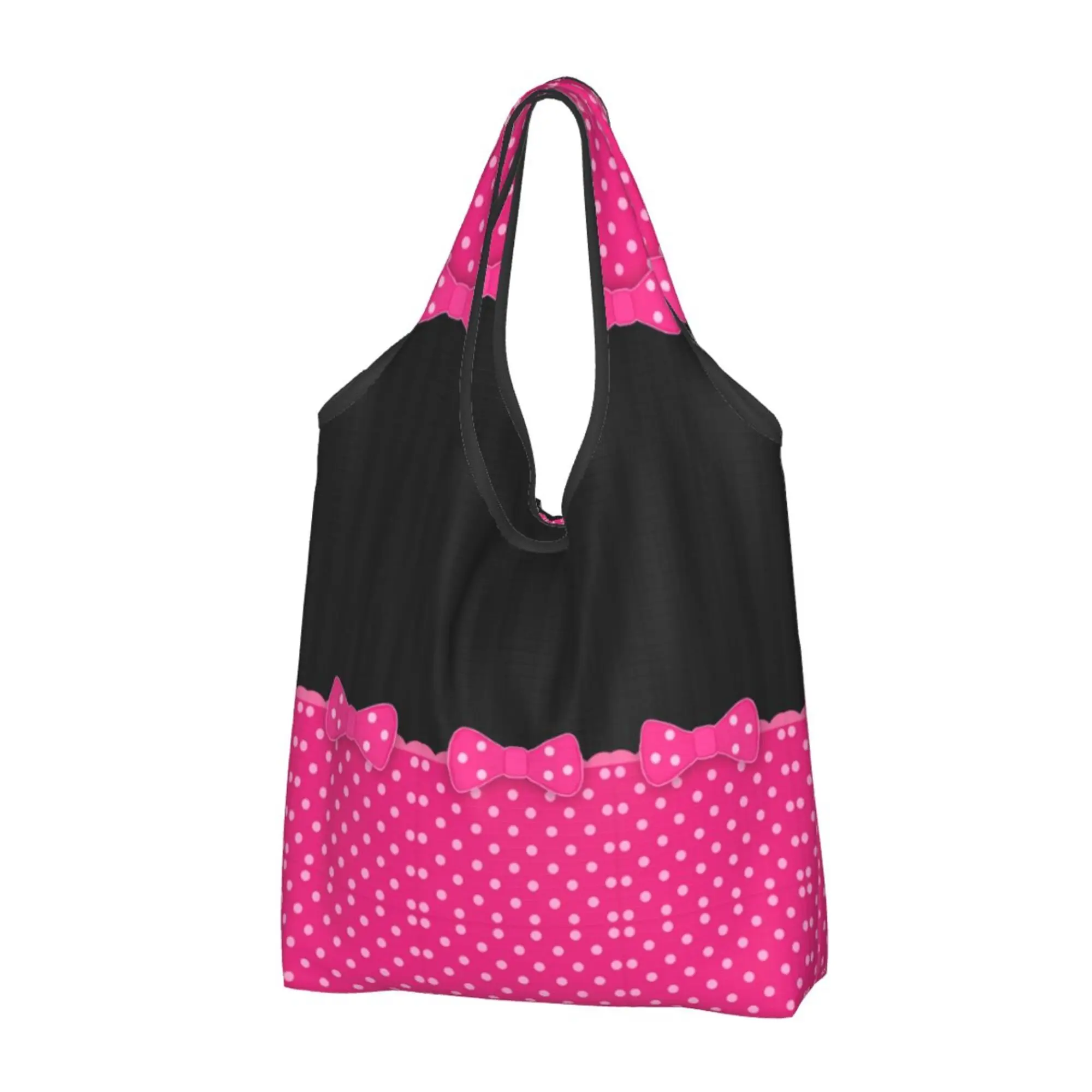 

Pink Polka Dot Bow Girl Shopping Bag Portable Women Tote Handbag Eco Grocery Bags No Zipper Fashion for Work Outdoor Picnic