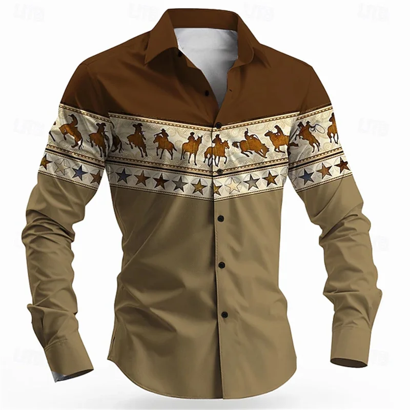 Men's Bull Ethnic Culture Shirt Long Sleeve Vintage Tribal Outdoor Travel Hunting Spring Autumn Lapel 3D Printed Lapel Shirt