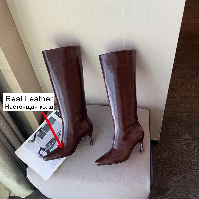 JOZHAMTA Size 33-40 Women Knee Boots Genuine Leather Luxury Band Thin High Heels Winter Shoes Woman Pointed Toe Sexy Long Boots