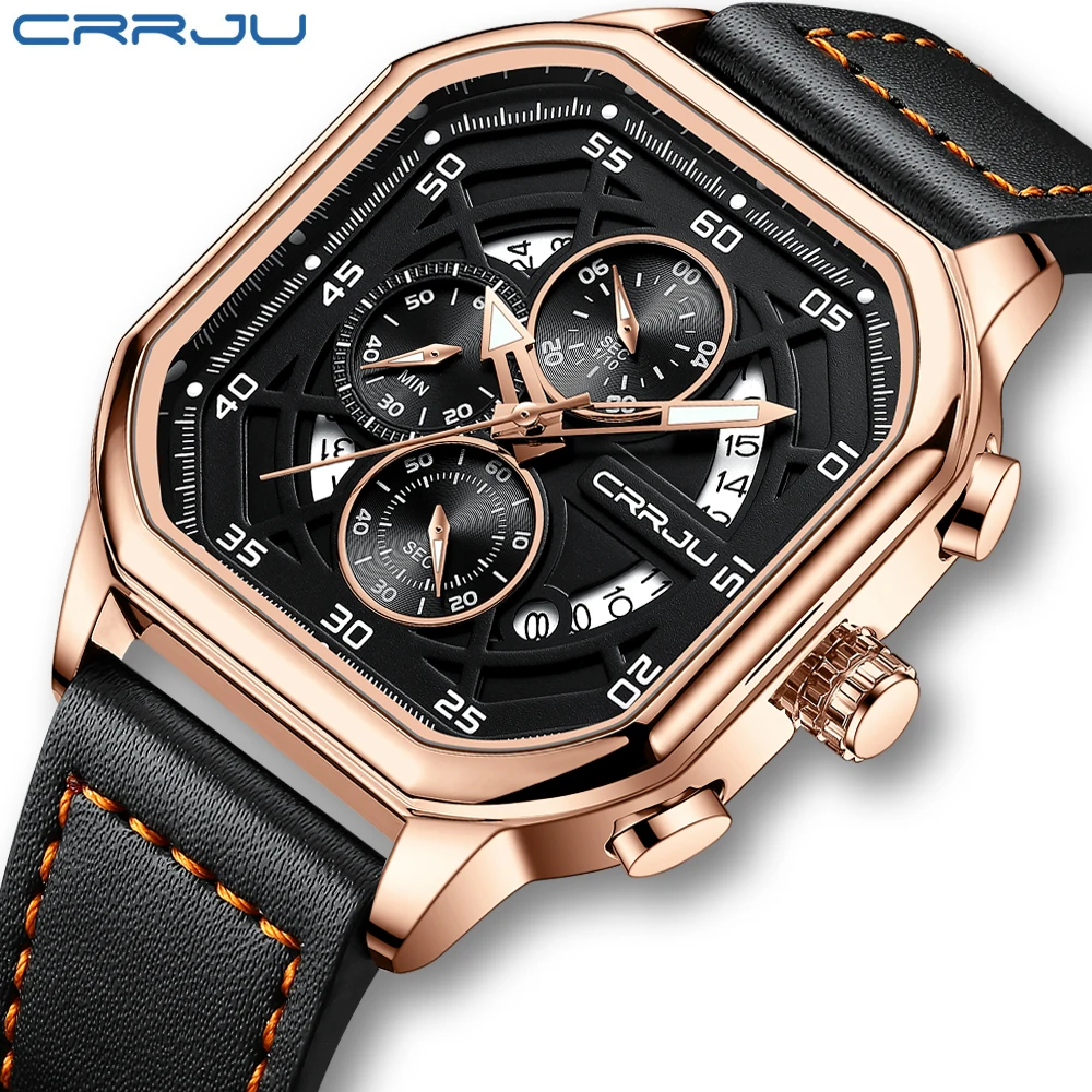 CRRJU Luxury Man Watch High Quality Waterproof Chronograph Luminous Men\'s Wristwatch Leather Men Quartz Watches Casual Clock