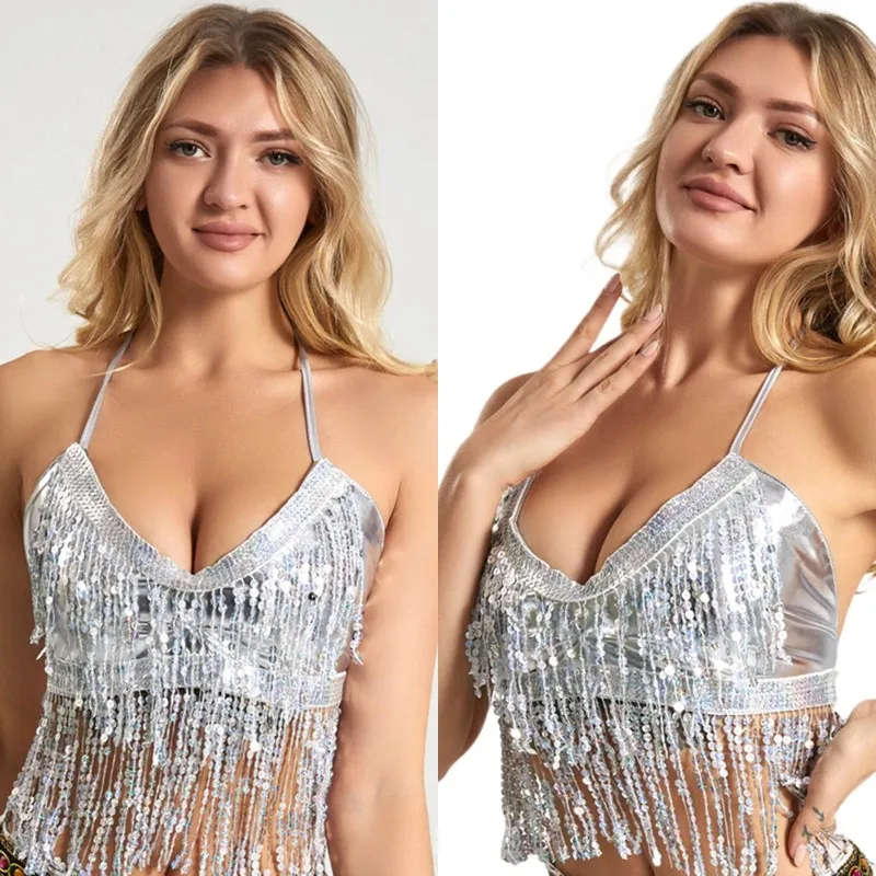 Women Belly Dance Tassel Crop Top Sequin Halter Top Bandage Tank Top Strappy Backless Tube Sleeveless Vest Hot Beach Shinny Top