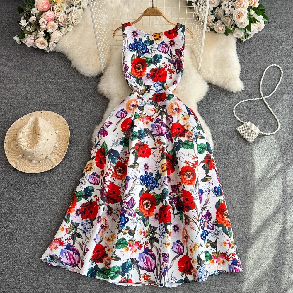 Runway Designer Floral Print Tank Party Dress for Women Summer O Neck Sleeveless Vintage Midi Dress Elegant A-Line Vestidos