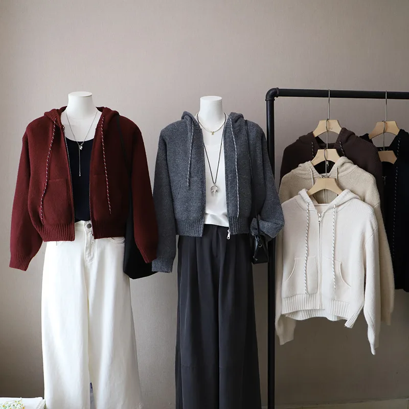 

Autumn Winter Hooded Warm Sweater Cardigan Women Korean Style Solid Color Loose Knitted Coat Female Casual All-match Knitwear