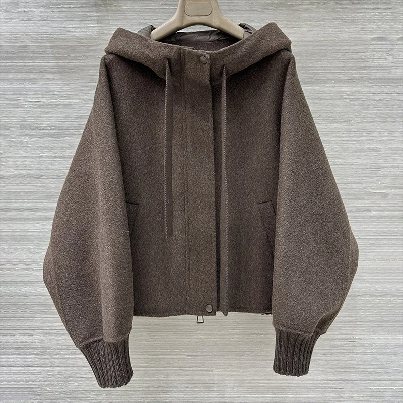 

High-quality women's hooded coat with quilted fabric and patchwork design Zipper laces cashmere autumn winter clothes 25100882