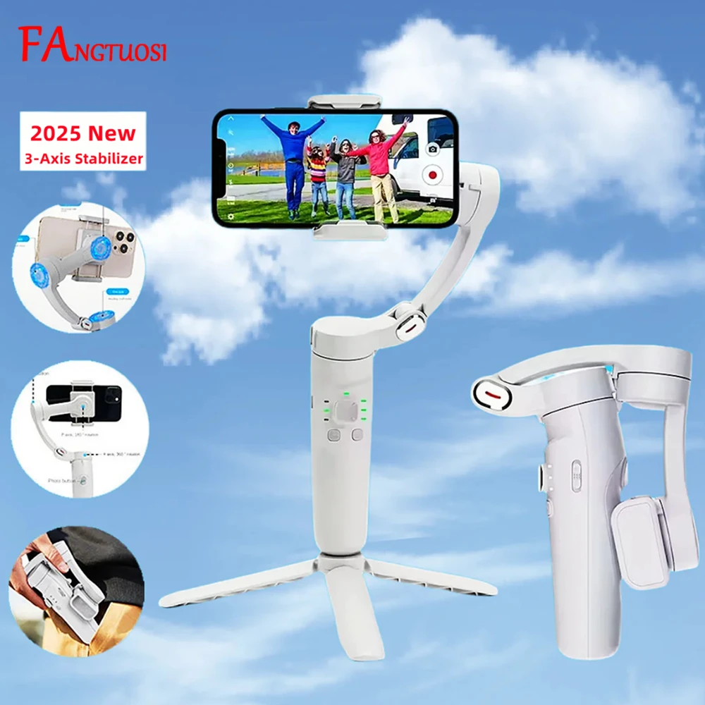 FANGTUOSI 2025 3-Axis Handheld Gimbal Stabilizer for Smartphone For iPhone Android Face Tracking Tiktok Vlog Smart Video Record