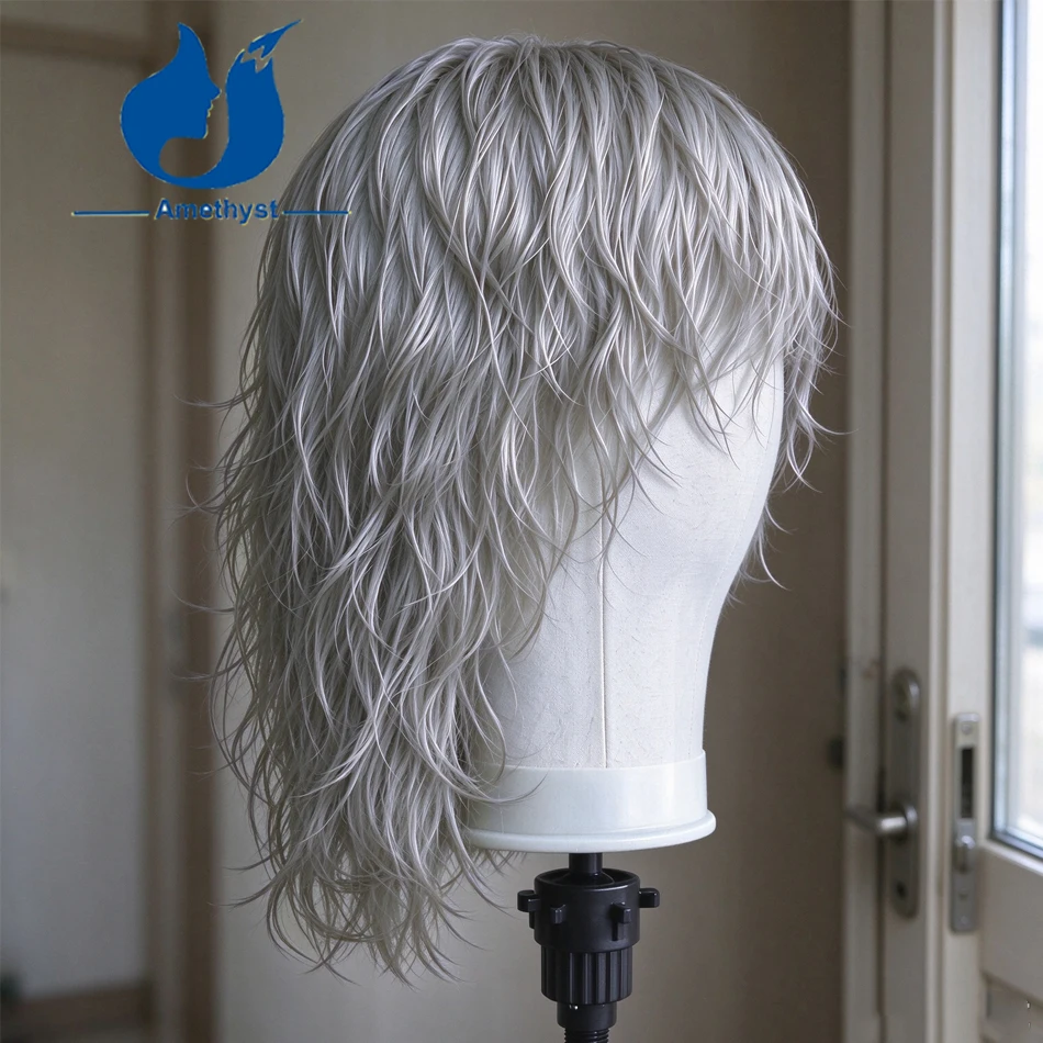 Amethyst Ash Silver Blonde Full Lace Wig for Men Short Wolf Cut Human Hair Remy Brazilian Style with Bang Layered Wavy 60# White