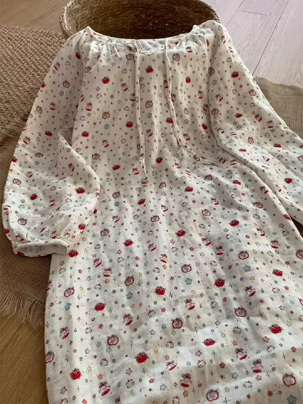 plus Size 300 Pounds Cute Cartoon Print Sleep Dress Girl's Sweet Loose Home Clothes Dress Polyester Long Sleeve round Neck