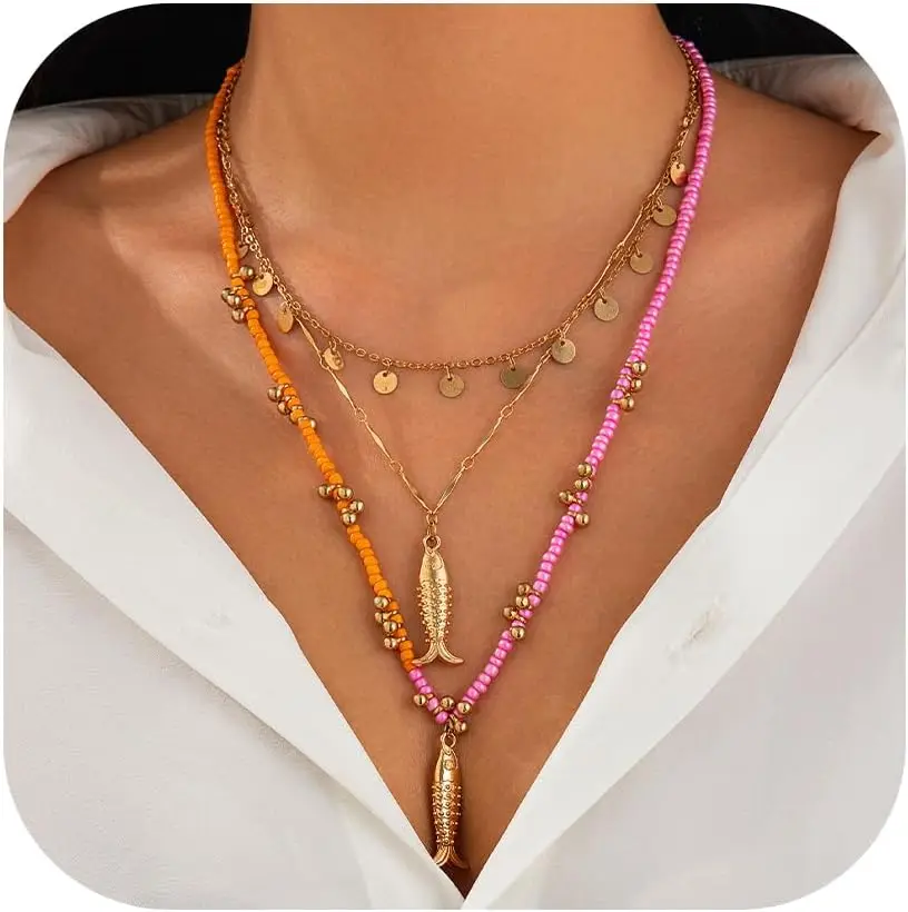 

Ожерелье с рыбой для женщин, ручная работа, бисер, Y-образный кулон, красочные летние пляжные многослойные колье в стиле бохо, ожерелья