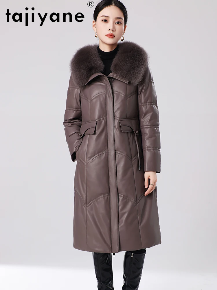 TAJIYANE 100% أعلى الحبوب جلد الغنم أسفل معطف امرأة جلد طبيعي طويل سترة منفوخة مع الثعلب الفراء طوق 2025 الملابس الشتوية