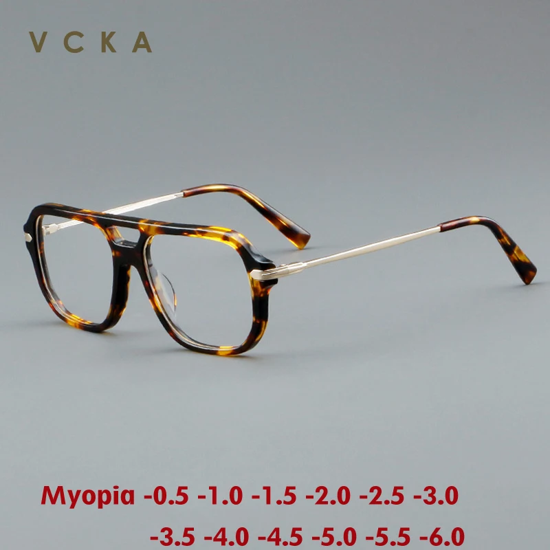 

VCKA Retro Fashion Half Frame Men Women Round Acetate Myopia Glasses Frame High-grade Optical Glasses Business -0.50 to -6.0