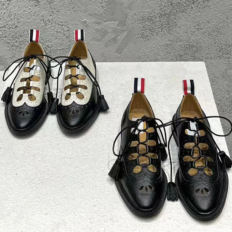 Women's genuine leather loafers 2024 British style new lace up hollow round toe high-end cowhide neutral formal low heel shoes