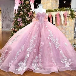 Ball Gown Pink Sweet 15 Quinceanera Dresses With Crystal Beading Lace Flower Off The Shoulder Evening Dresses Puffy Party Dress