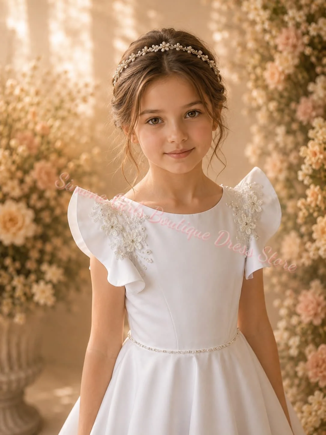 fluffy White Short sleeve round neck dress Flower Girl Dress for Dance Performances Wedding Ceremonies Holiday Celebrations