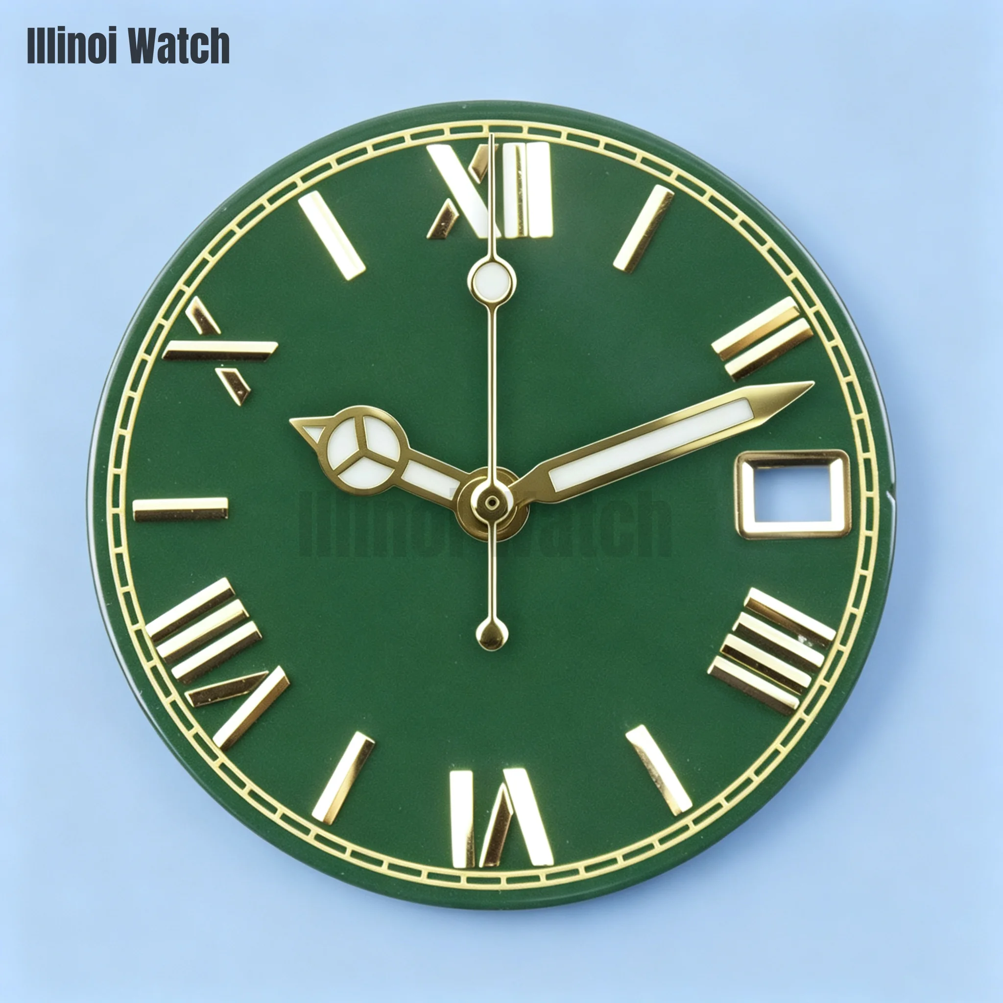 29mm No Logo Dial Day Date Window Roman Numeral Dial Suitable For NH35 Movement High Quality Green Luminous Watch Hands