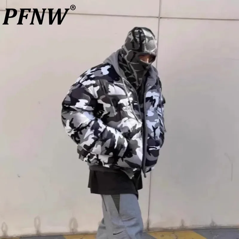 PFNW Winter New Camouflage Reversible Two Wear Zipper Hooded Quilted Padded Jacket Men\'s High Street Cotton-padded Coat 28W5621