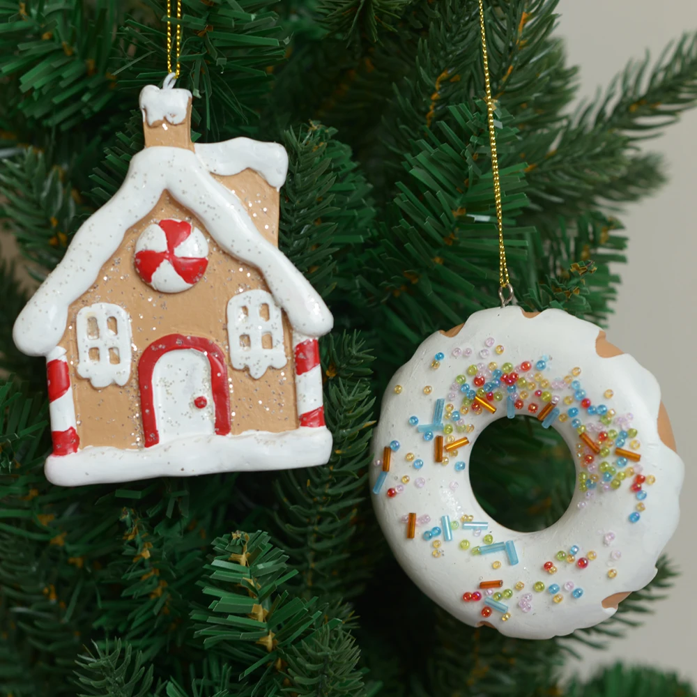 Resin Christmas Cottages Christmas Tree Ornaments Pink Donut Snowflakes Christmas Tree Toys Decorations New Year 2024 Navidad