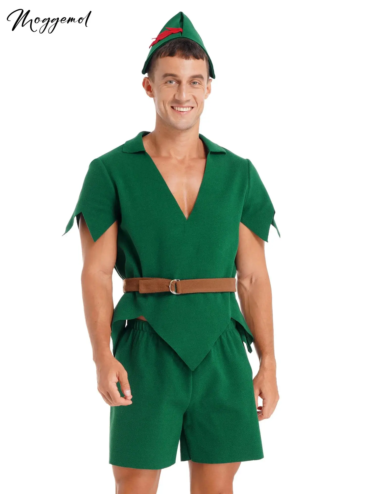 Mens Christmas Elf Costume Halloween Carnival Party 4Pcs Cospaly Outfit Short Sleeve Felt Shirts Tops with Shorts Pants Belt Hat