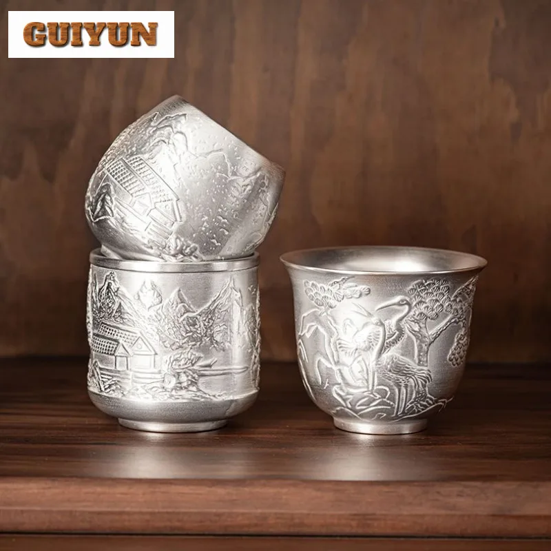 

Handmade Relief Gilt Silver Ceramic Teacup Antique Tea Bowl Tea Cup Set Tea-tasting Personal Cup Chazhan Master Cup Teaset Craft