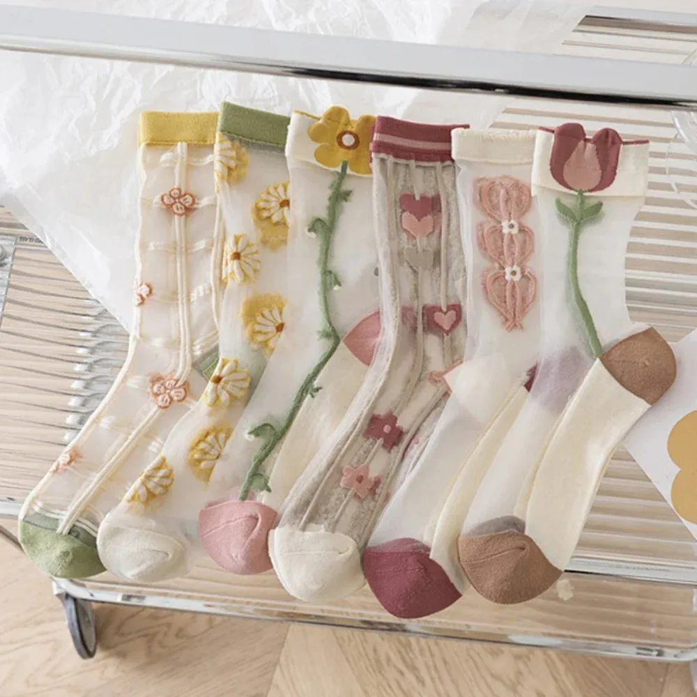 Summer Women Fashion Harajuku Kawaii Cute Cotton Foot High Long Tube Socks Thin Transparent Embroidery Flower Print Retro Socks