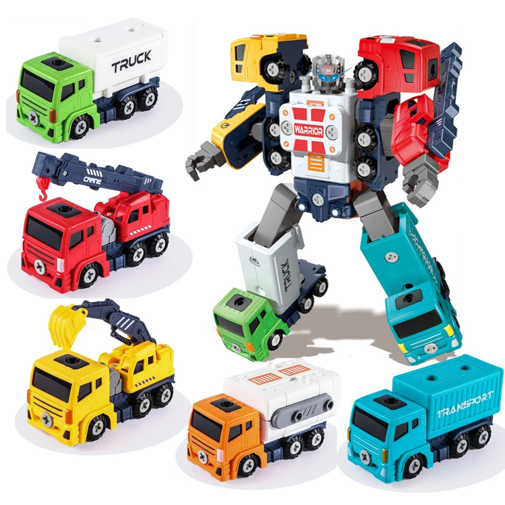 Take Apart Robot Toy Vehicle 5 in 1 Construction Truck Toys Crane Excavator Container Garbage Truck Sprinkler Screw Build Blocks