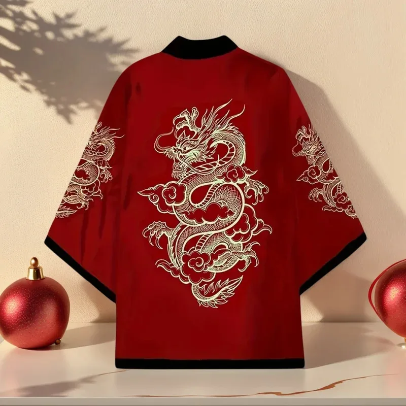 Japanese Kimono Dragon Graphic Print Cosplay Haori Yukata Top Adult Traditional Samurai Loose Kimono Cardigan for Men Women